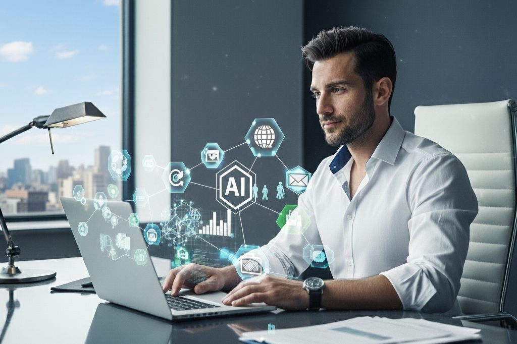 person using laptop to complete online ai course